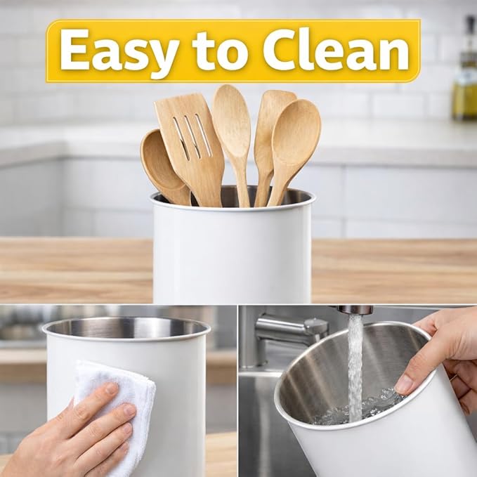 Creative Home Stainless Steel Utensil Holder– 6.3" Large Cooking Tool Organizer for Kitchen Decor and Countertop Storage, Stable Anti-Tip Design, Durable Powder-Coated Finish, White