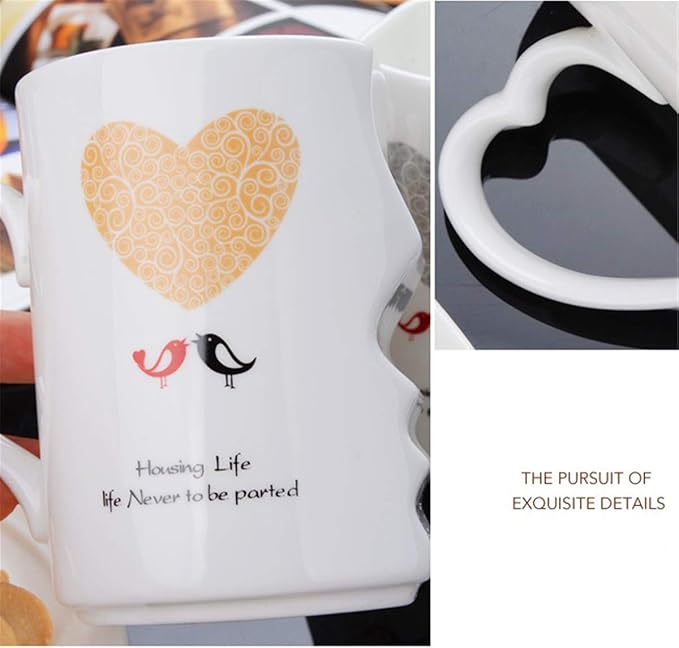 Creative Kissing Mugs Set, Ceramic Couple Coffee Mug with Lid, 12 OZ White Heart Tea Cup Set for Anniversary, Wedding, Birthday Gift