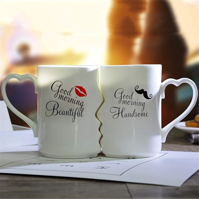Creative Kissing Mugs Set, Ceramic Couple Coffee Mug with Lid - Good Morning Beautiful and Good Morning Handsome - 12 OZ White Tea Cup Set for Anniversary, Wedding, Birthday Gift