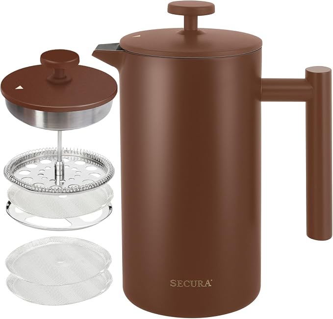 Secura French Press Coffee Maker, 304 Grade Stainless Steel Insulated Coffee Press with 2 Extra Screens, 34oz (1 Litre), Coffee (Pack of 12)