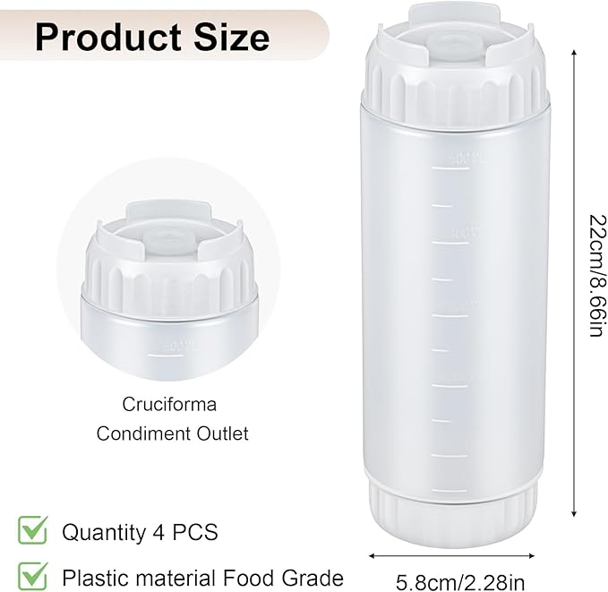4 Pcs Refillable Squeeze Bottles 20 oz Large Condiment Squeeze Bottle Inverted Plastic Tip Sauce Dispenser Bottle for Sauces Ketchup Sour Cream Self Sealing Syrup Dispenser for Restaurants(White)
