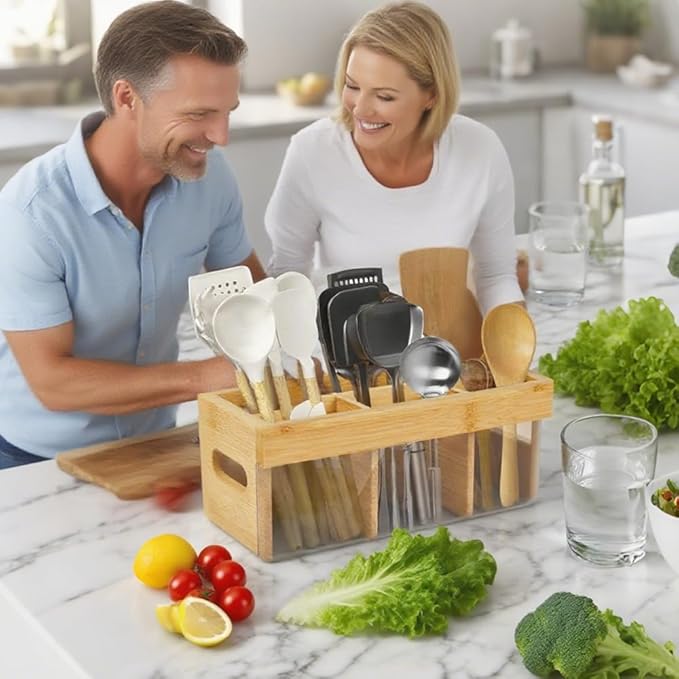 Utensil Holder for Kitchen Counter,Large Utensil Holder with Absorbing Drying Stone Mat,Bamboo Utensil Organizer with 6 Compartments,Silverware Caddy&Cooking Utensil Organizer for Kitchen Decor