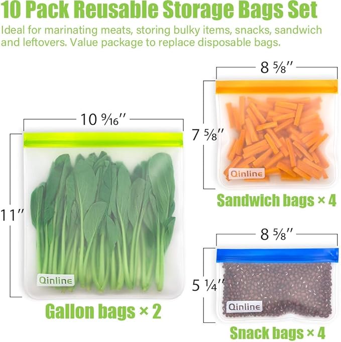Qinline Reusable Food Storage Bags - 10 Pack Freezer Bags, Reusable Bags Silicone, Extra Thick Leakproof Reusable Lunch Bag for Salad Fruit Snack Travel - 2 Gallon 4 Sandwich 4 Snack Bags