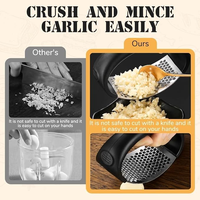 Garlic Press Rocker 2026 New,Portable Manual Stainless Steel Garlic Press Rocker Crusher Masher with Garlic Peeling Drum for Home Kitchen Utensils Garlic Crusher