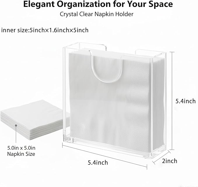 Clear Acrylic Napkin Holder for Table, Elegant Non-Slip Guest Towel Tray for Bathroom, Waterproof Vertical Tissue Dispenser for Kitchen, Dining, Bar, Office or Restaurant Square with rounded corners