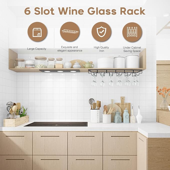 Xverycan Wine Glass Rack Under Cabinet, 6 Row Extreme Large Stemware Hanger, Metal Wine Goblet Holder, DIY Bar Glass Storage Rack for Bar Counter, Kitchen, Screws Included (Black)