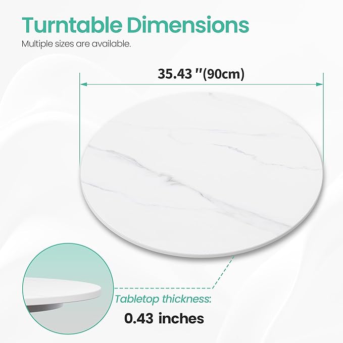 35.4" Lazy Susan Turntable – 360° Sinteredstone Silent Anti-Slip Turntable, Table Top Centerpiece for Kitchen, Pantry, Spice Rack, Refrigerator & Dining Table, White