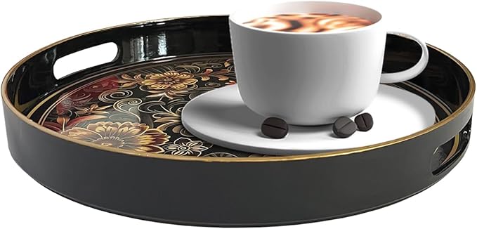 Plastic Coffee Trays,Serving Tray,Bohemian Round Tray,13" Dx 1.57" H,Lightweight and Non-Slip with Handles,Perfect for Restaurants,Cafés,and Home Use (Round)