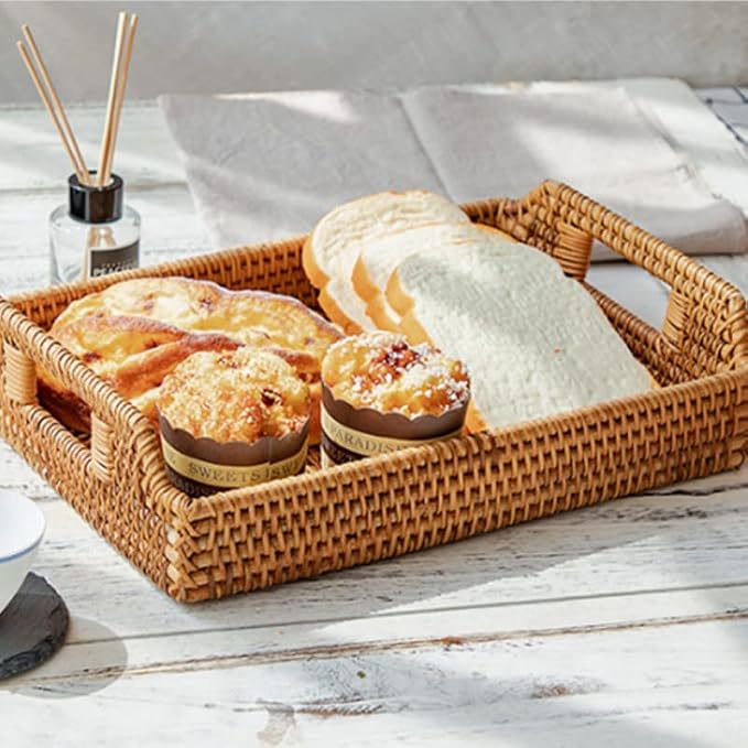 Handwoven Rattan Serving Tray with Handles – 17" Rectangular Wicker Tray for Coffee Table, Breakfast, Drinks, Fruit, Snacks, Ottoman & Kitchen Counter Decor