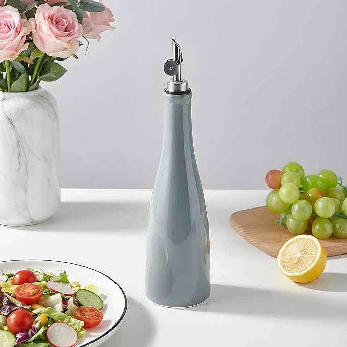 YOLIFE Olive Oil Dispenser Bottle, 16oz Ceramic Oil Dispenser for Kitchen, Oil Bottle with Gravity Spout, Leak Proof EVOO Dispensing Bottle with 2 Spouts and 1 Funnel for Vinegar, Juice(Gray)