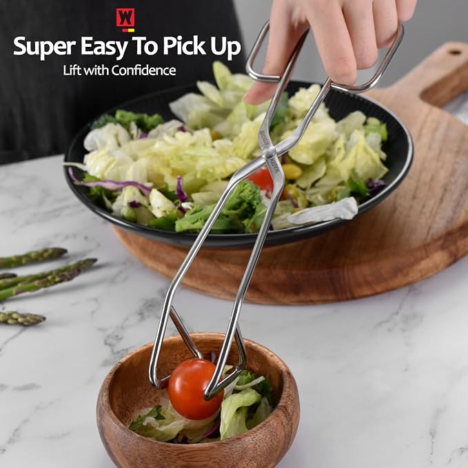 WAGENSTEIGER Scissor Tongs: 9.5 Inch Heavy Duty Stainless Steel Kitchen Tongs Comfortable Ergonomic Grip, Heat Resistant for BBQ and Cooking, Grilling Turning meats, Serving Pasta, Imprinted Grippers