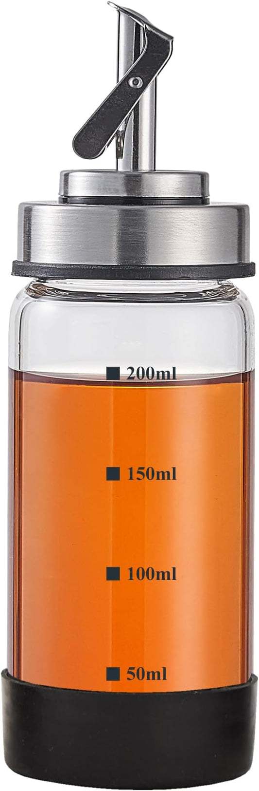 Verdental 7 oz Small Glass Oil Dispenser Bottle for Kitchen Stainless Steel Cruet Pourer Spout for Olive Oil Vinegar Coffee Syrup Soy Sauce Other Liquids with Non-slip Silicone Ring and Labels (200ml)