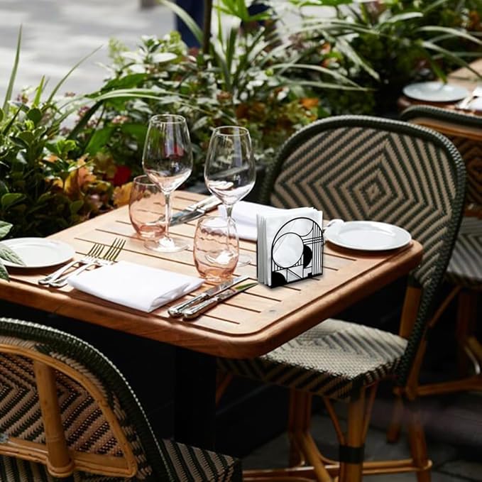 Modern Geometric Decorative Black Metal Napkin Holder for Table, 5.3" x 4.9" x 1.9" Curves Straight Lines Standing Napkin Holder for Home Kitchen Restaurant Picnic Coffee Bar Dining Room