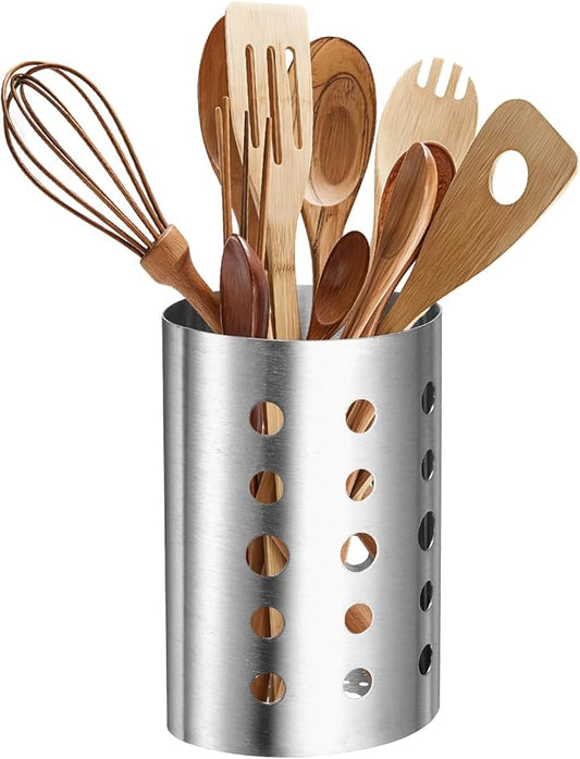 uxcell Kitchen Utensil Holder, 4.65x6.7 Stainless Steel Utensil Cutlery Holder Oval Flatware Organizer with Drain Hole for Kitchen Restaurant Countertop Straw, Spoon, Chopstick, Silver