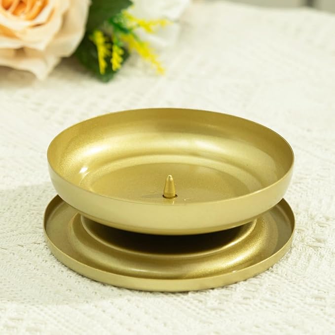 Gold Iron Plate Candle Holder, Golden Metal Pillar Candle Plate with Spike, Easy Candle Installation Ideal for Wax & LED Candle Gardens, Spa, Aromatherapy, Wedding, Party