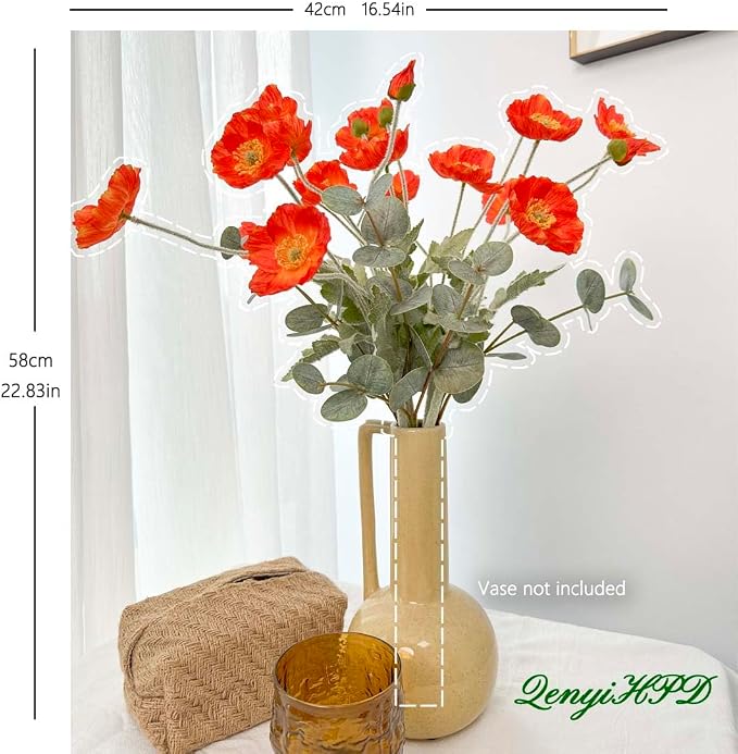 Artificial Poppy Flowers and Eucalyptus Stems for vase, Fake Blush Pink Silk Flowers Arrangement for Home Dining Kitchen Table Centerpieces, Office Decor, Farmhouse Decor (Blush Pink)