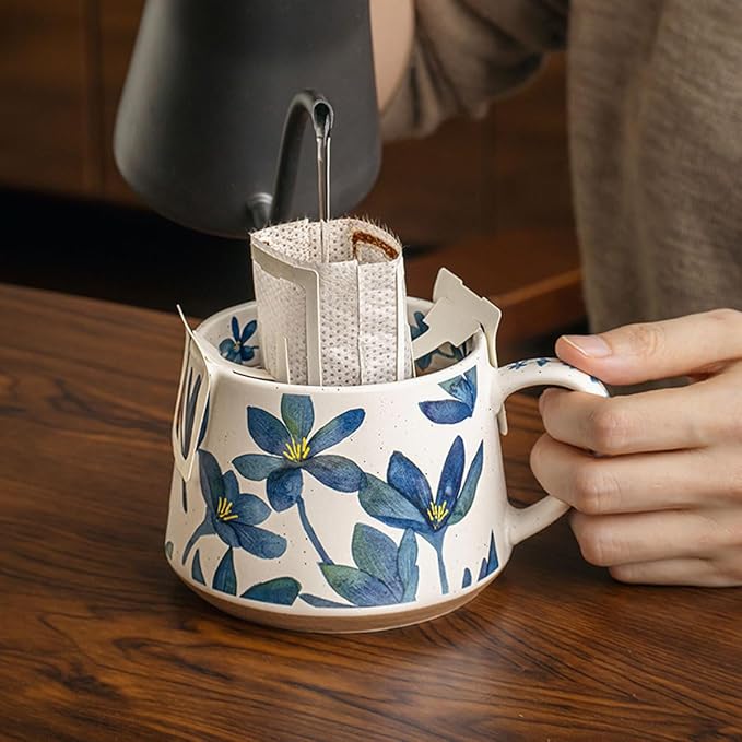 Elegant Floral Ceramic Mug ，Blue Flower Design mug with Handle, Unique Watercolor Flower Design Tea Mug for Home & Office，Microwave safety (Blue 2 Set)