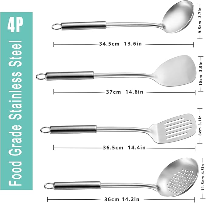 Pleafind Cooking Utensils Set - 4 Pcs Stainless Steel Kitchen Utensils, Wok Utensils Set Includes Spatula, Slotted Spatula, Ladle, Slotted Spoon, Ergonomic Handle & Heat Resistant, Dishwasher Safe