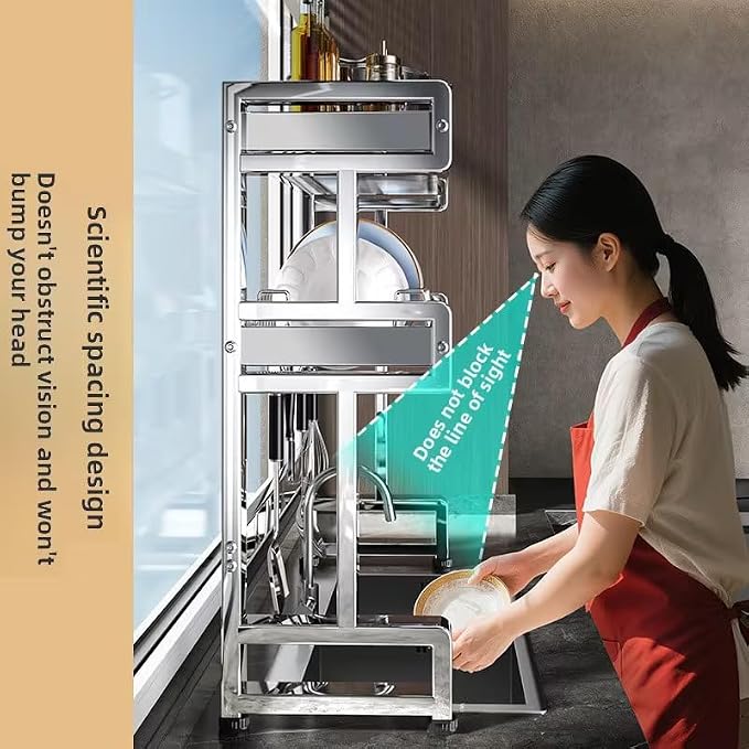 ANUMITRA Over Sink Dish Drying Rack – Stainless Steel 3-Tier 33.5 in Dish Drainer Rack, Space-Saving Kitchen Sink Organizer with Plate & Bowl Holders, Cutting Board Rack, Utensil Cup, Adjustable Feet
