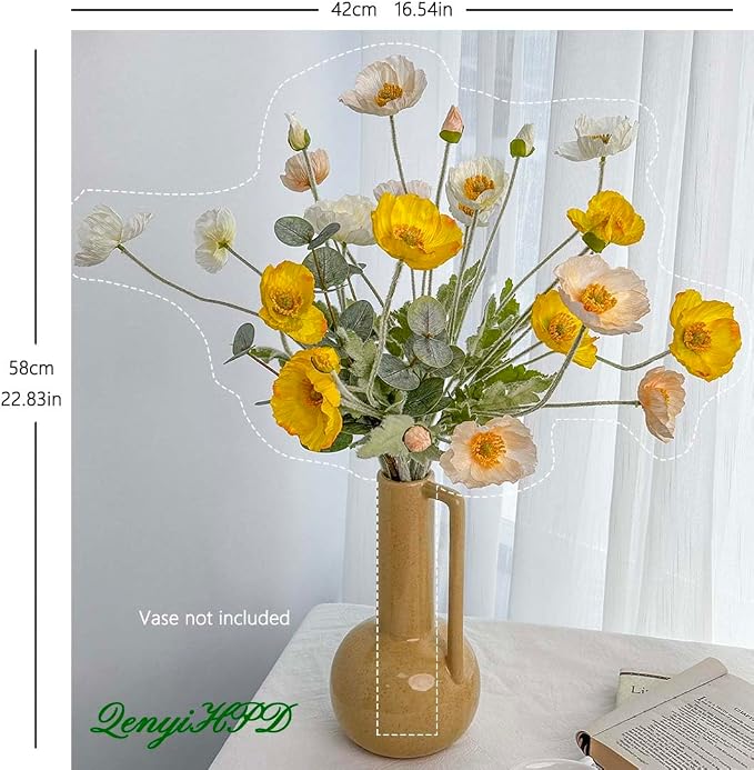 Poppy Artificial Flowers and Eucalyptus Stems, Fake White Yellow Stems for Vase, Silk Flowers Arrangement for Wedding Party Farmhouse Home Office Table Centerpieces Decorations