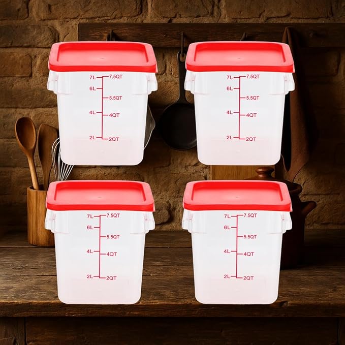 Sherfire 8 Quart Food Storage Containers with Lids - Set of 4, Large BPA-Free Stackable Kitchen Containers with Handles and Red Covers, Quart/Liter Markings, Commercial or Home Use