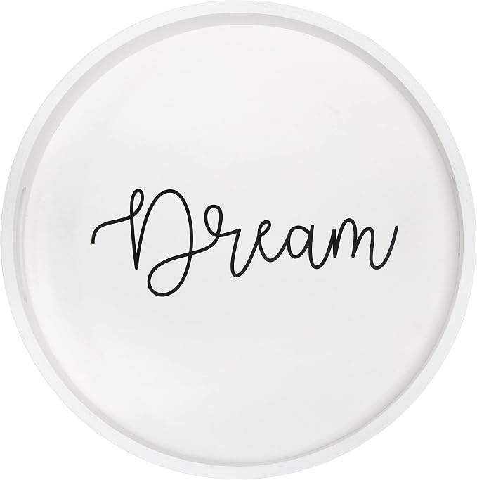 Elegant Designs HG2013-WDR Decorative 13.75'' Round Wood Serving Tray w/Handles, Dream, White Wash Dream