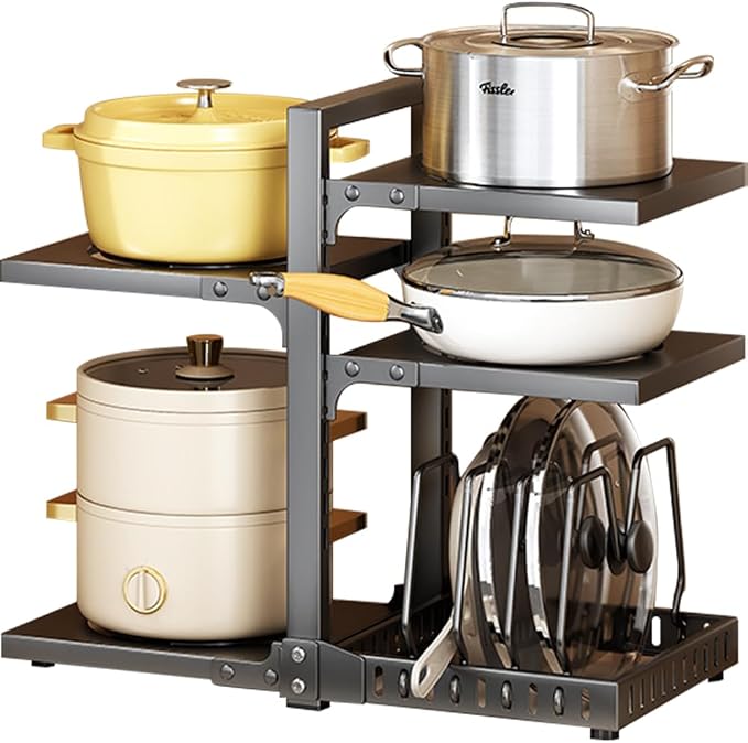 Adjustable Pots and Pans Organizer under Cabinet No Drill Storage Rack Pan Pot Organizers inside Cabinet 16.5" Height Kitchen Organization for Cookware (Grey)