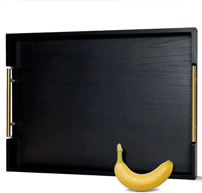 22" x 15.75" Black Wooden Ottoman Serving Tray with Golden Metal Handles | Large Rectangular Wood Tray for Living Room, Kitchen, Coffee Table, Coffee Station, Party
