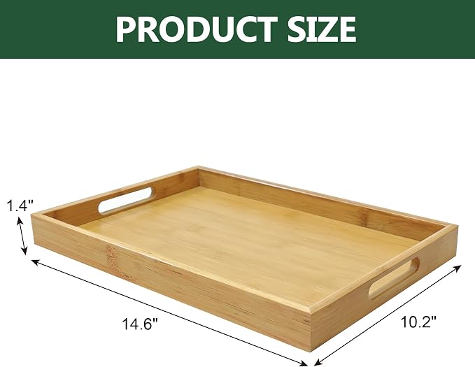 Bamboo Serving Tray with Handles, 14.6x10.2 Inch Rectangular Breakfast Tray for Eating on Couch or Bed, Modern Decorative Coffee Table Trays for Serving Food, Drink and Fruit