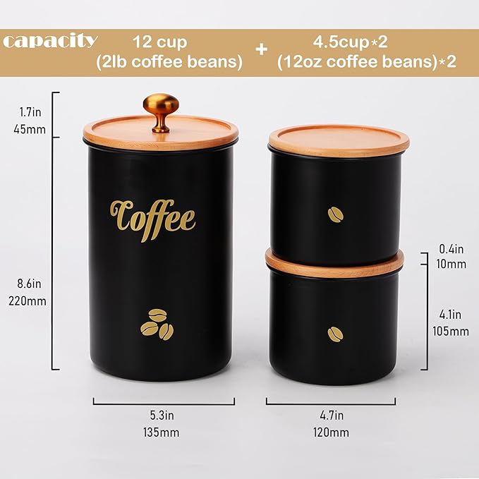 Coffee Canister, 3 pack Large Airtight Coffee Bean Storage Container, Café Grounds Container, Cafe Jar Cafe Holder, Food Storage Container for Flour, Sugar, Tea (Black)