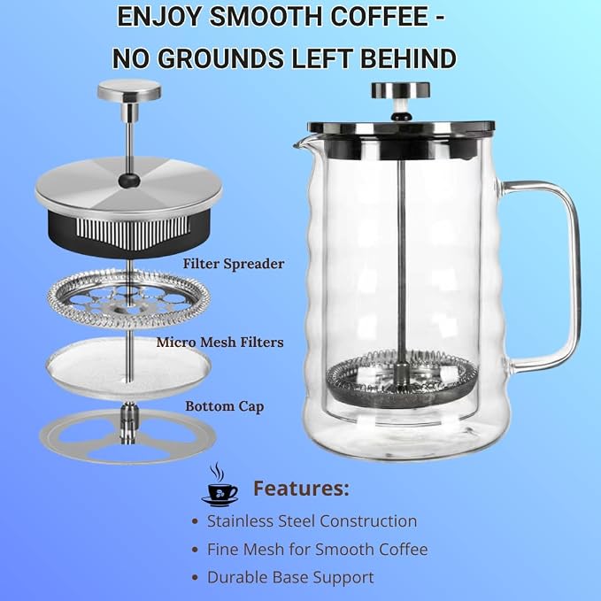 Wavy Glass French Press Coffee Maker 22oz – Cute Small French Press – Double-Wall Borosilicate Coffee Press with Stainless Steel Filter – Manual Coffee Brewer & Tea Press