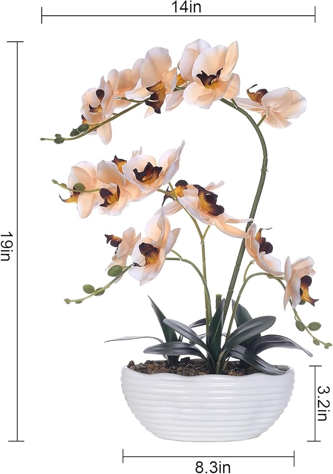 19" H Phalaenopsis Faux Orchid Plant Silk Orchid Centerpiece Artificial Floral Arrangement in Ceramic Pot (Champagne)