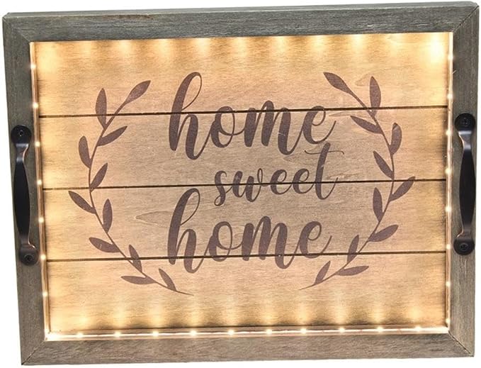 Elegant Designs HG2032-RGS Salento Farmhouse Rectangular Decorative LED Light Up Wooden Serving Tray w Metal Handles & Home Sweet Home in Black for Décor, Centerpiece, Breakfast, Bar, Rustic Gray