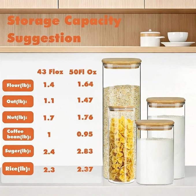 Glass Storage Containers with Airtight Bamboo Lids,Round Glass Jars Pantry Organizers,Perfect for Kitchen Organization - Flour, Rice, Pasta, Sugar, Coffee Beans, Accessories Included (43oz*6)