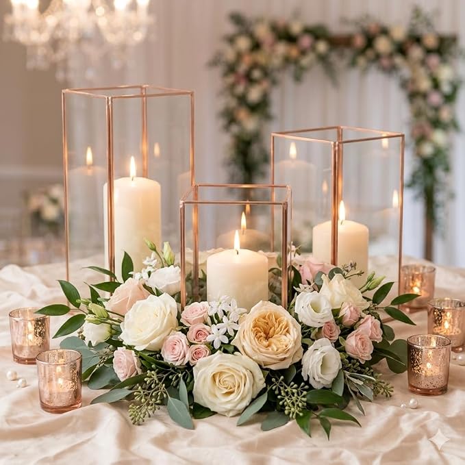 Koyal Wholesale 3PC Copper Candle Holder Lantern, Geometric Hurricane Candle Holder for Wedding Centerpieces, Table Decorations, Copper Lantern Decor for Events, Parties, and Home Centerpiece Display