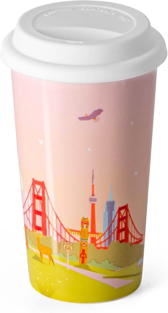 USA Landmarks Travel Coffee Mug, America's 250 Years Anniversary 1776-2026 Coffee Cup, Ceramic Coffee Travel Mug with Lid 12 Oz, Independence Day gift for Patriots, Men, Women, Friends, Coworkers