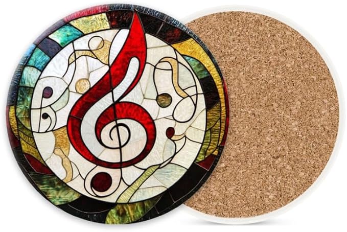 Round Ceramic Stone Cork Drink Coasters, Circular Composition of Musical Notes Absorbent Removable Non-Slip Cup Mat Place for Kitchen Counter Drinks Coffee Cup Tableware Set of 1 (4 * 4 Inch)