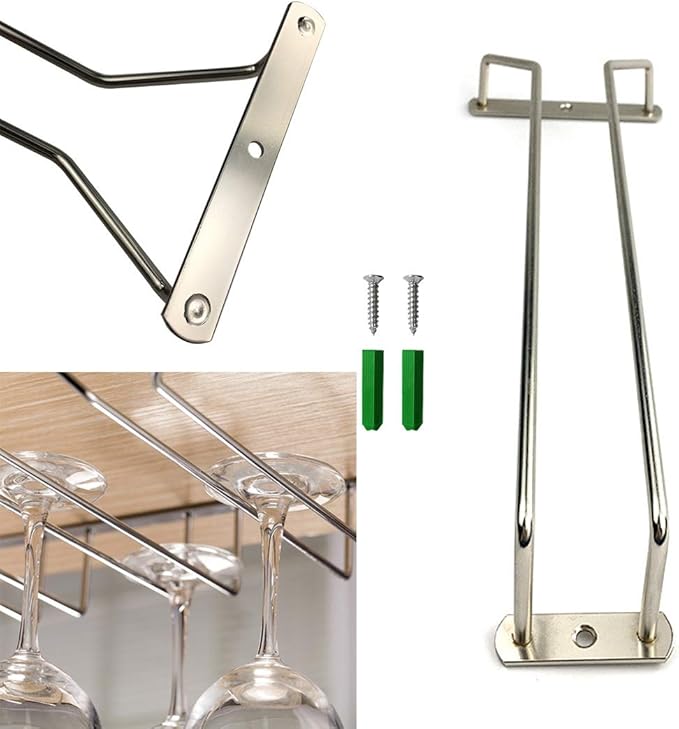 Stemware Wine Glass Hanging Rack Under Cabinet Kitchen Bar Storage Wine Glass Rack Holds up to 8-10 Wine Glass, 13.4 Inch 2 Rows, Silver