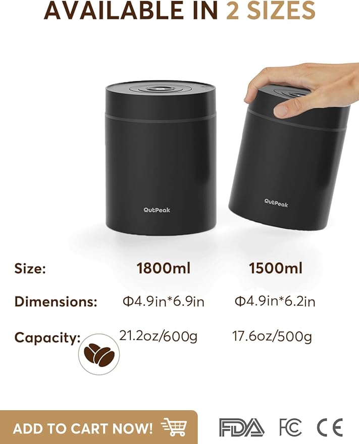 OUTPEAK 2025 Kilo Auto Vacuum Coffee Canister, 1.8L for 21.2oz Coffee Beans, One-Button Operation, Stainless Steel Container with Scoop, Fresh 6-Month Storage Container (Barista Champion's Choice)