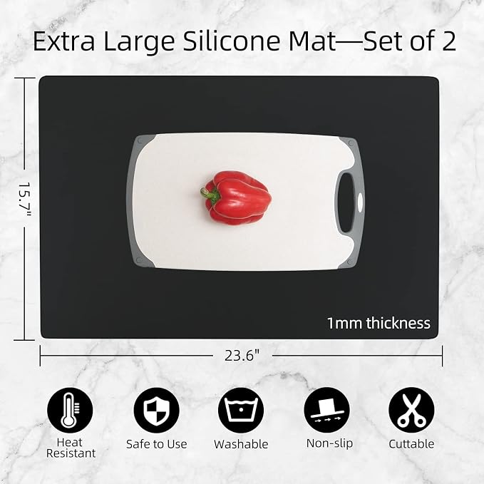 2 Pack Silicone Mats for Kitchen Counter, Treerit 23.62" x 15.75" Thick Large Silicone Mat, Nonskid Heat Resistant Countertop Protector, Easy to Clean, Black