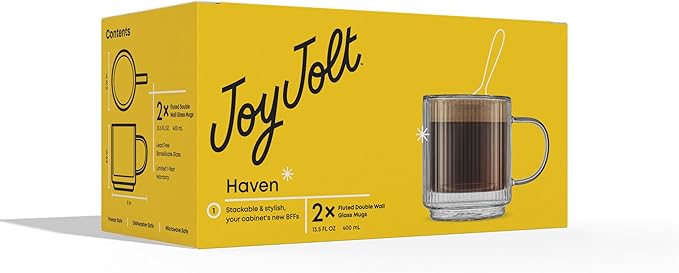 JoyJolt Haven Stackable Fluted Glass Mugs, Set of 2 Ribbed Double Wall Insulated Coffee Cups, 13.5oz Clear Mugs