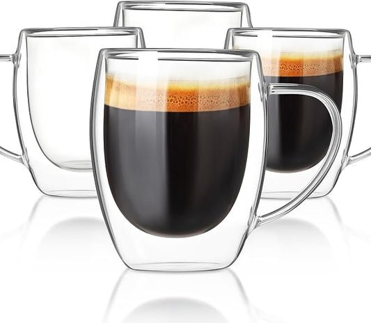 FrutPunch Double walled glass coffee mugs, Glass Coffee Mugs Set Of 4, Glass Coffee Cups with Handles, 12OZ, Suitable for Cappuccino, Latte, Espresso, Hot Drinks, Cold Drinks (4, 12, Fluid Ounces)
