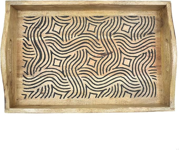 STORE INDYA Hand Carved Wooden Breakfast Serving Tray with Handle for Breakfast Tea Snack Dessert | Kitchen Dining Serve-Ware Accessories | 15 x 10 Inches