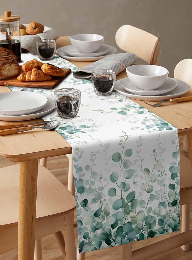 Sage Green Eucalyptus Table Runner 60 Inch Long Dresser Scarves Spring Summer Leaf Cotton Linen Tablerunners Rustic Country Plant Dining Kitchen Burlap Table Setting Decor for Party Holiday, 13"x60"