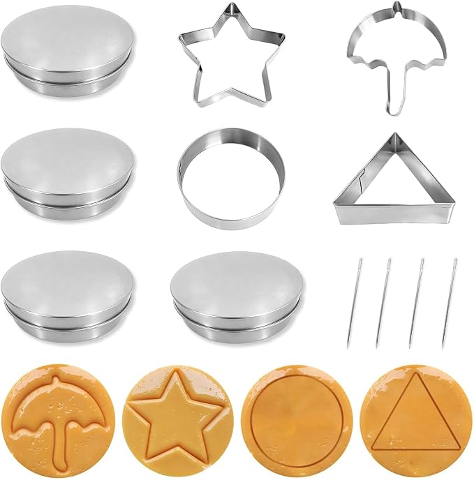 12Pcs Korean Dalgona Candy Mold Set, Stainless Steel Cookie Cutters with Umbrella Star Shapes, for Sugar Honeycomb Biscuit Baking, DIY Party Favors in Gift Tin Box