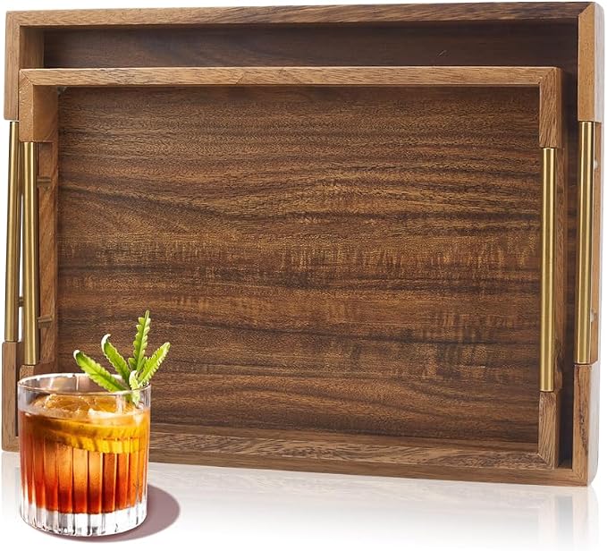 2pcs Wooden Serving Trays for Party with Metal Handles Rectangle Ottoman & Decorative Tray for Coffee Table Jewelry Tea Food Breakfast Eating Tray for Rustic Home & Kitchen Decor