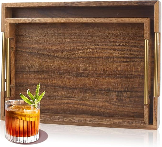 2pcs Wooden Serving Trays for Party with Metal Handles Rectangle Ottoman & Decorative Tray for Coffee Table Jewelry Tea Food Breakfast Eating Tray for Rustic Home & Kitchen Decor