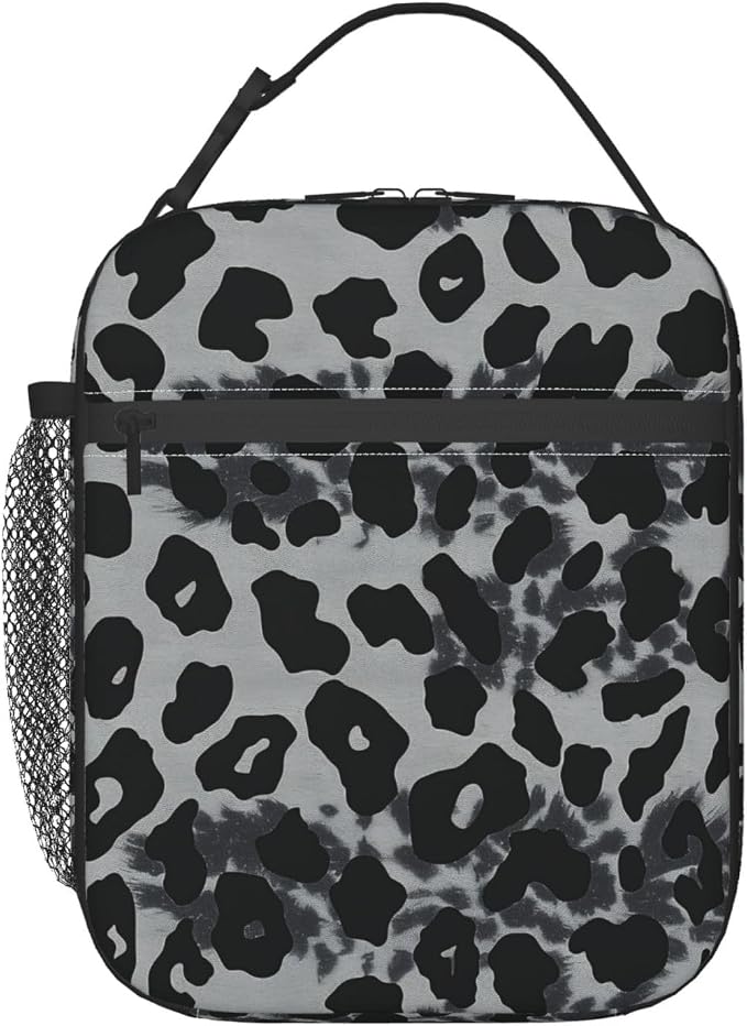 Reusable Leopard Print Lunch Box for Kids Girls Boys Women Adult, Insulated Cheetah Lunch Bag,Polyester Cooler Handbags Case for School Picnic Work Travel Beach or Hiking (Black and Gray)