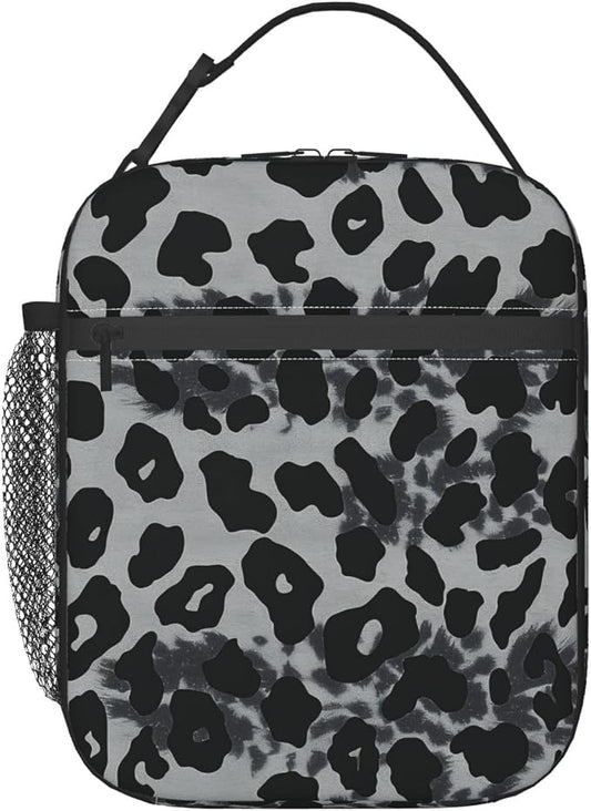 Reusable Leopard Print Lunch Box for Kids Girls Boys Women Adult, Insulated Cheetah Lunch Bag,Polyester Cooler Handbags Case for School Picnic Work Travel Beach or Hiking (Black and Gray)