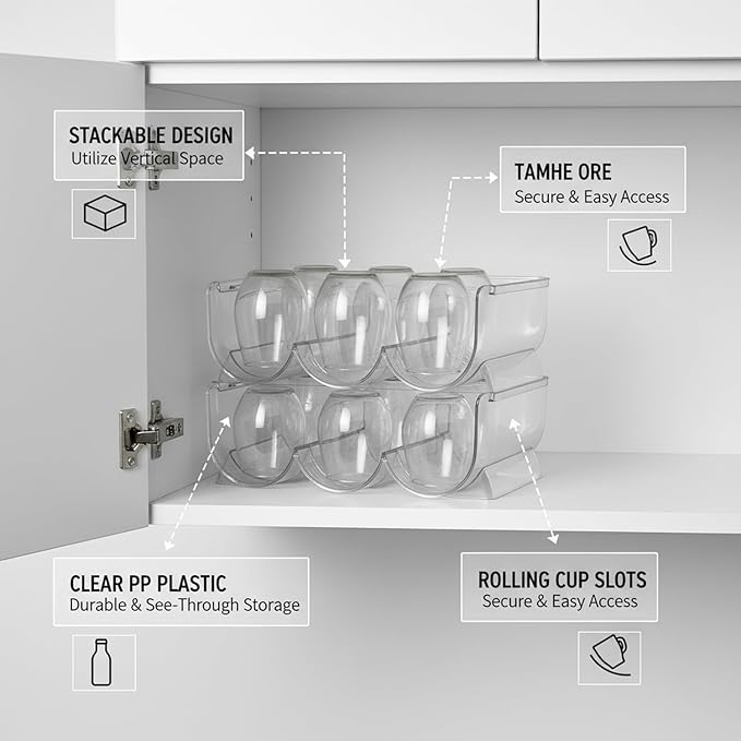 Stackable Cup Organizer Bin, Clear PP Plastic Vertical Storage Container for Kitchen Cabinet and Pantry (1 PC)